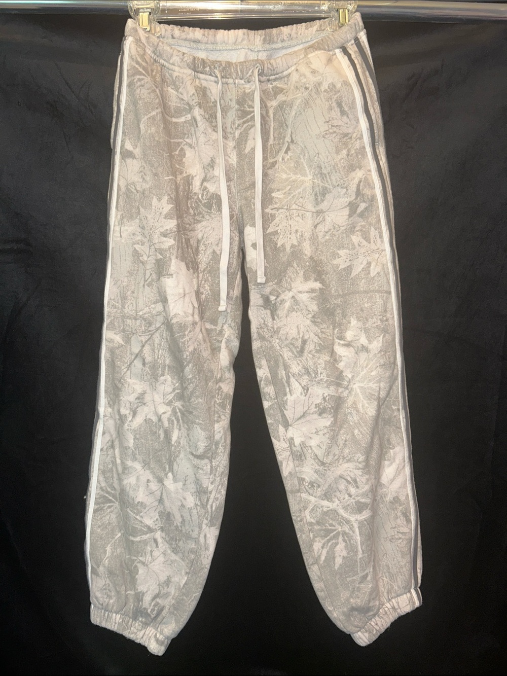 Hollister Light Gray Leaf-Print Track Joggers with White/Navy Side Stripes